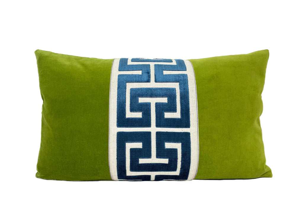 Lime Green Velvet Lumbar Pillow Cover with Large Greek Key - SELECT TRIM COLOR