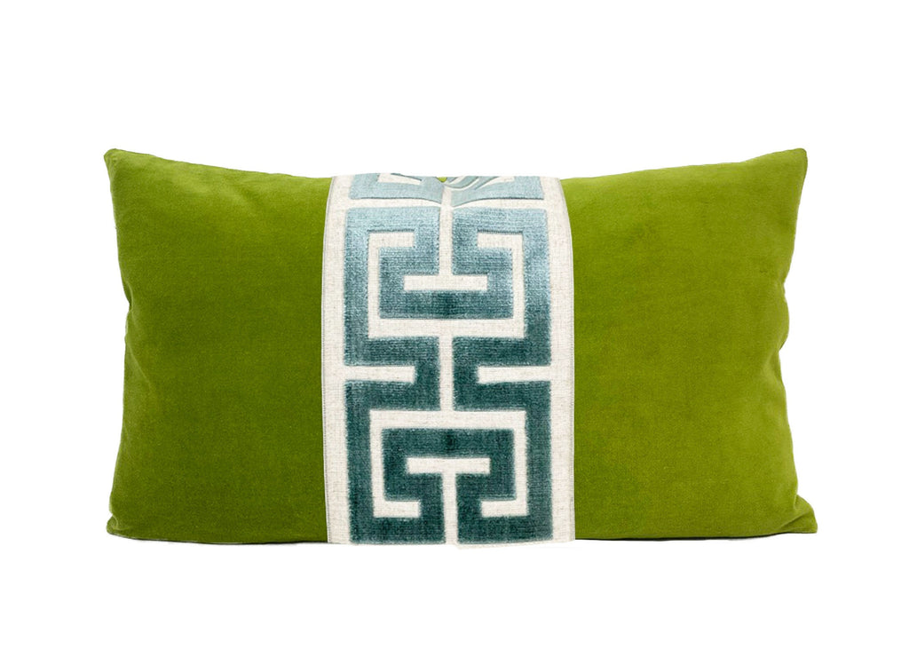 Lime Green Velvet Lumbar Pillow Cover with Large Greek Key - SELECT TRIM COLOR