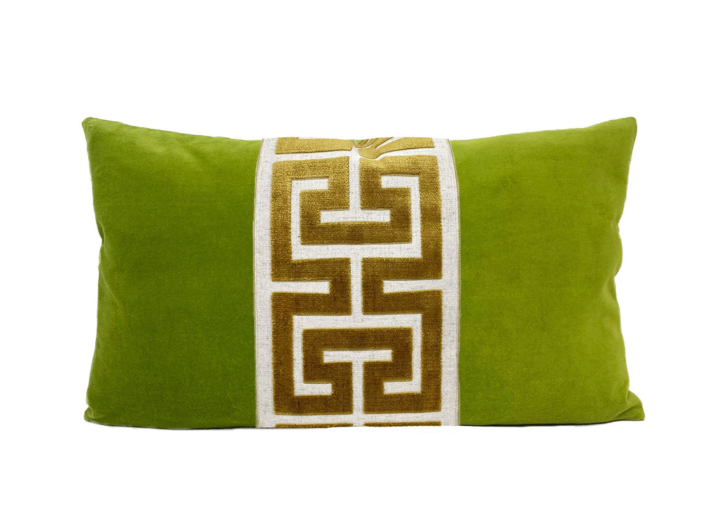 Lime Green Velvet Lumbar Pillow Cover with Large Greek Key - SELECT TRIM COLOR