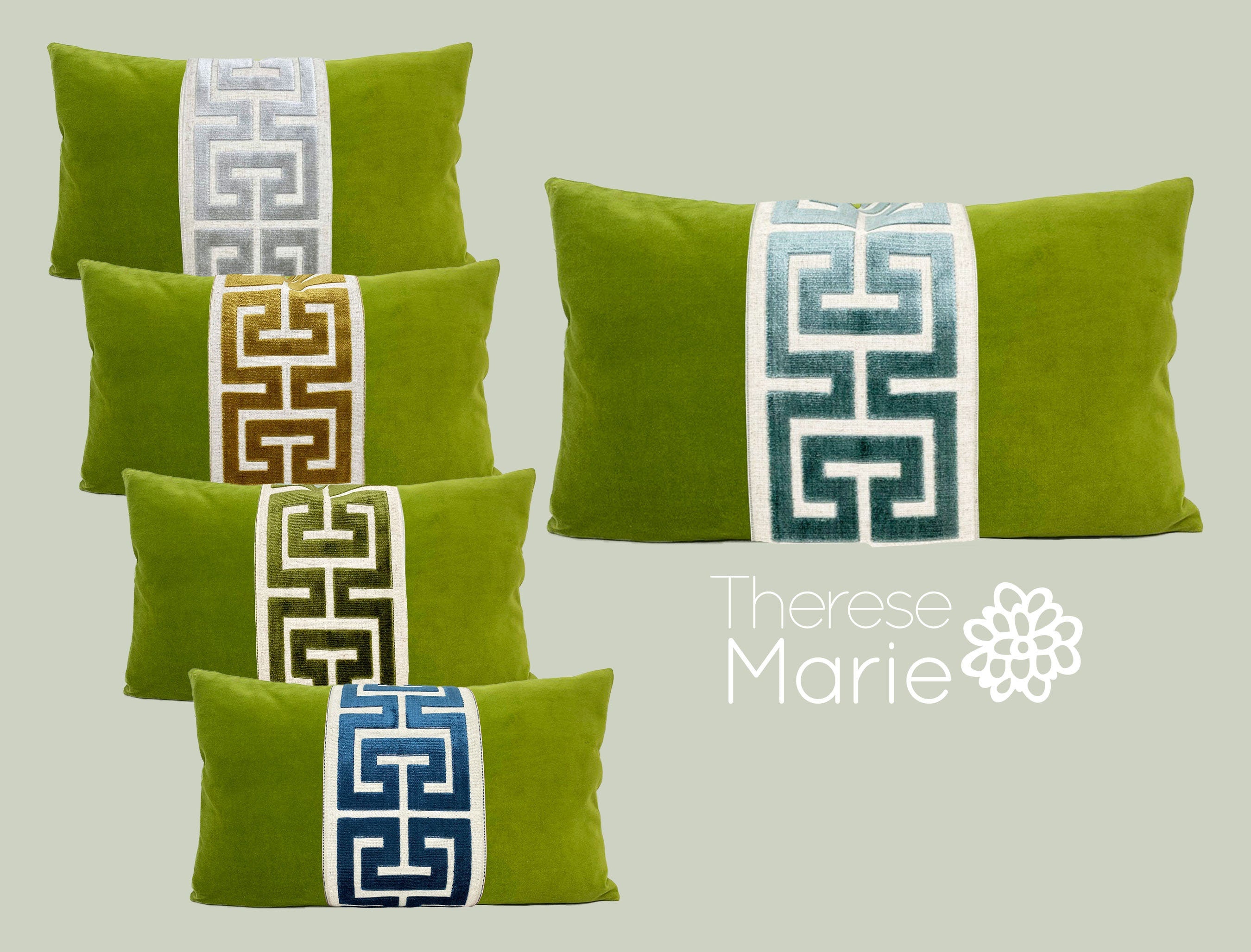 Lime Green Velvet Lumbar Pillow Cover with Large Greek Key - SELECT TRIM COLOR