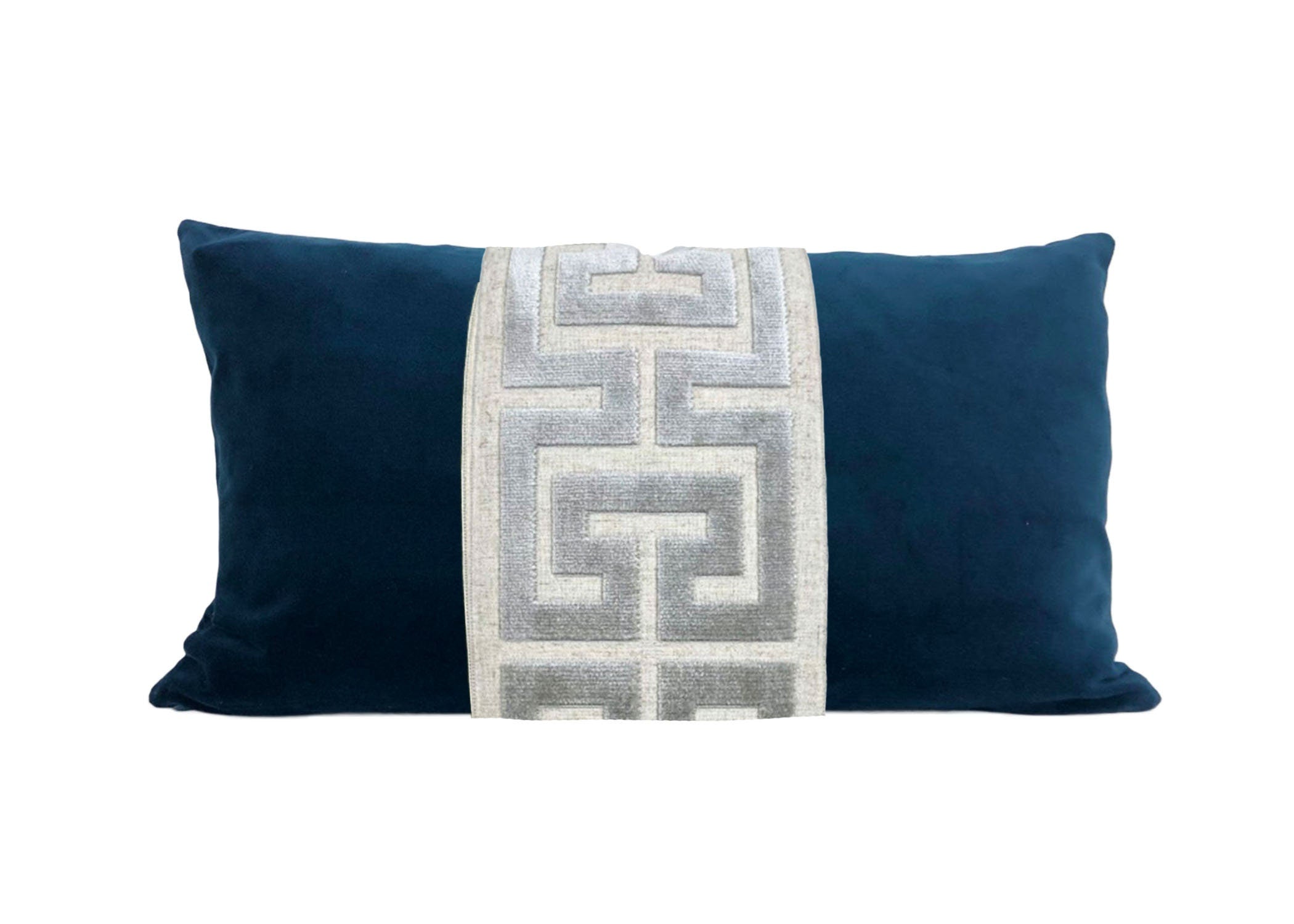 Navy Blue Velvet Lumbar Pillow Cover with Large Greek Key Trim - SELECT TRIM COLOR