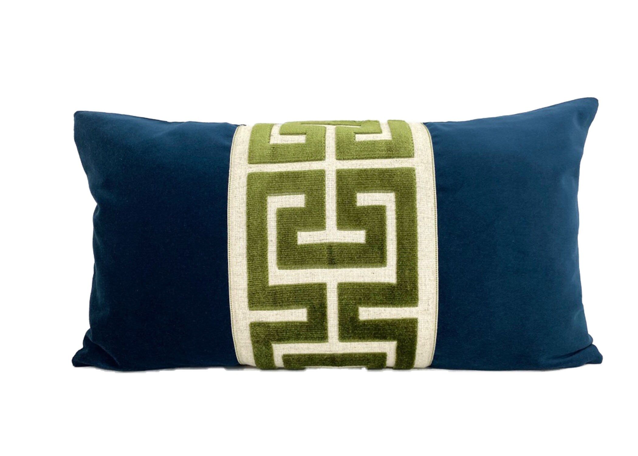 Navy Blue Velvet Lumbar Pillow Cover with Large Greek Key Trim - SELECT TRIM COLOR
