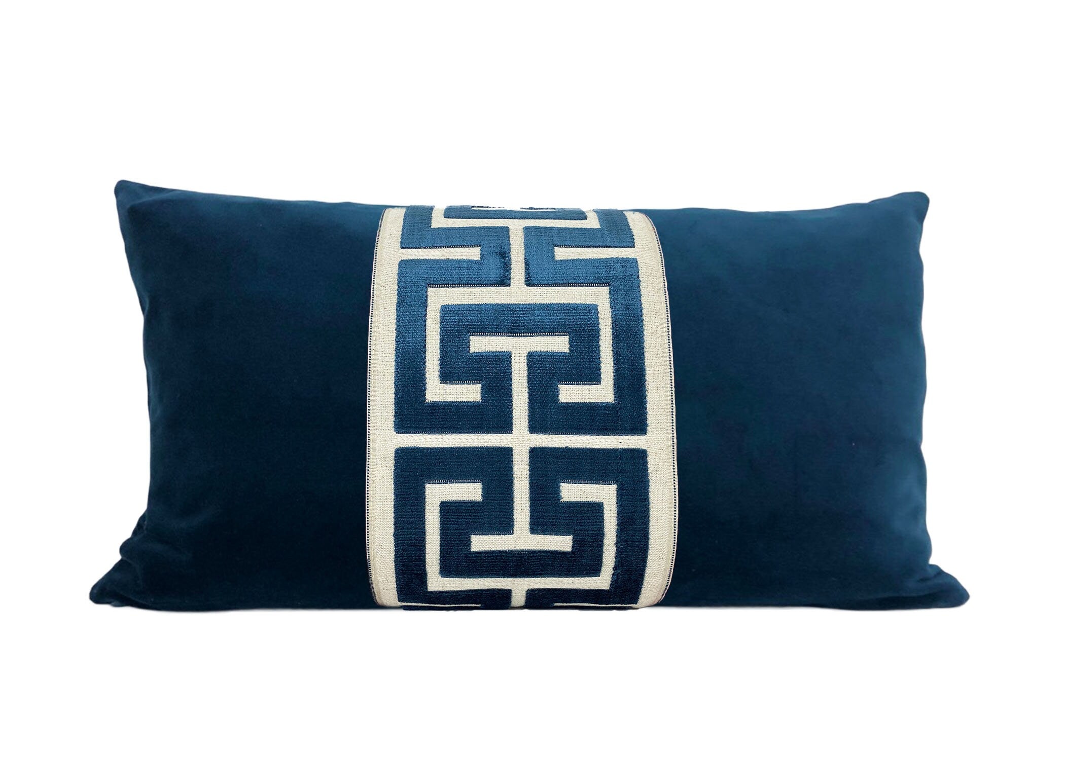 Navy Blue Velvet Lumbar Pillow Cover with Large Greek Key Trim - SELECT TRIM COLOR