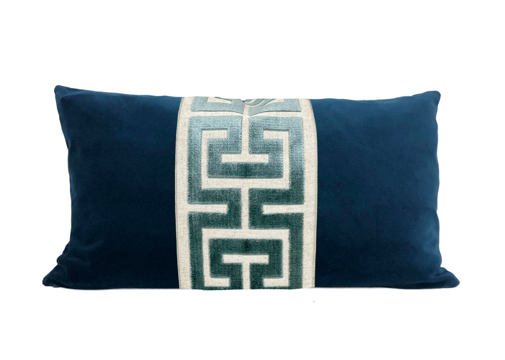 Navy Blue Velvet Lumbar Pillow Cover with Large Greek Key Trim - SELECT TRIM COLOR