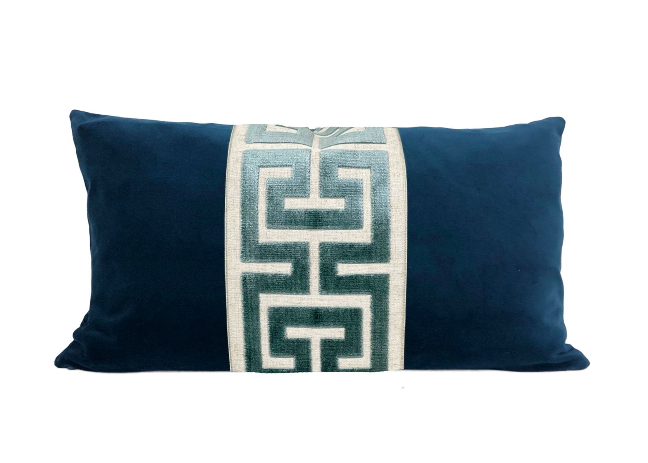 Navy Blue Velvet Lumbar Pillow Cover with Large Greek Key Trim - SELECT TRIM COLOR