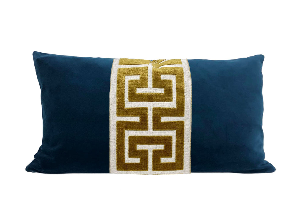 Navy Blue Velvet Lumbar Pillow Cover with Large Greek Key Trim - SELECT TRIM COLOR