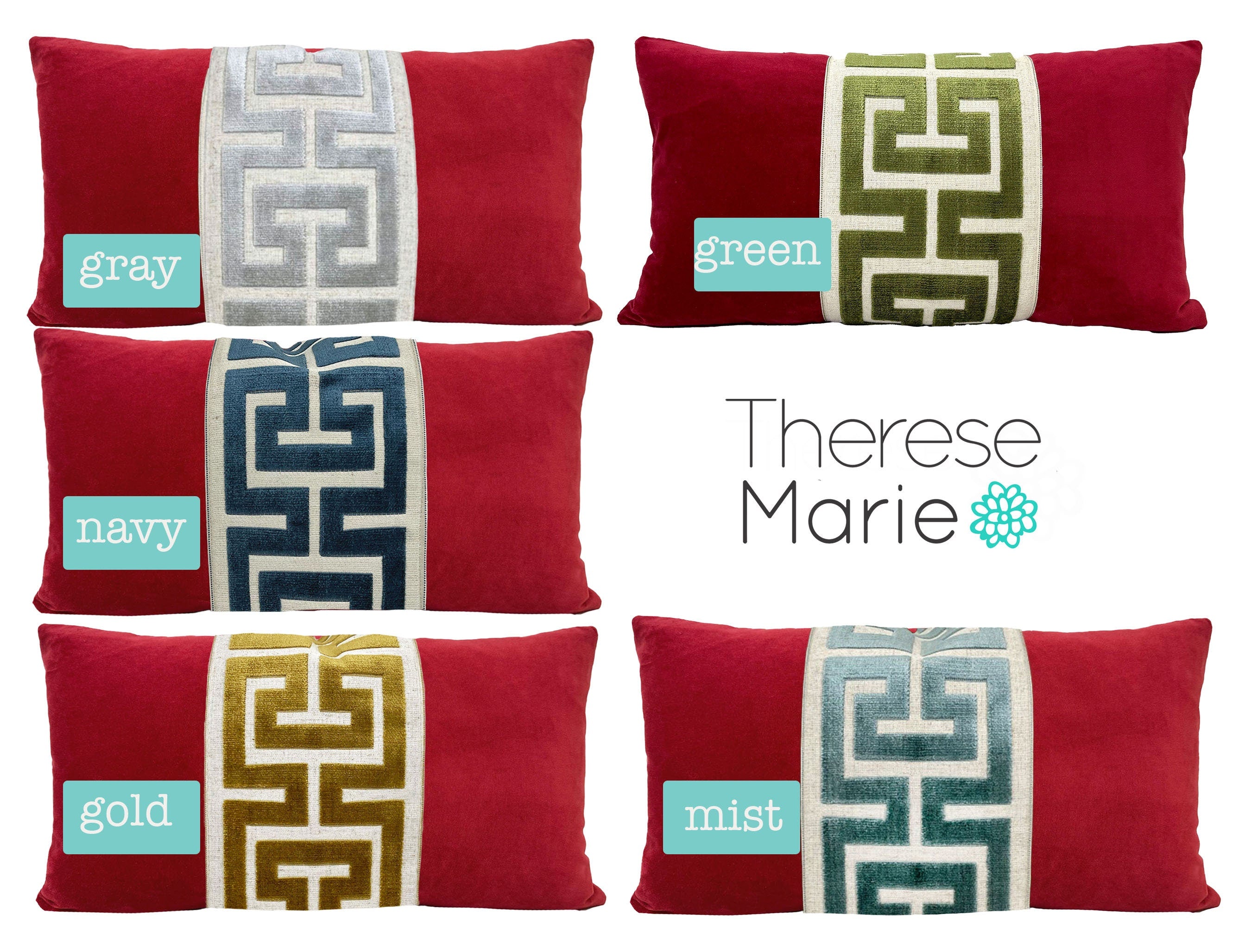Red Velvet Lumbar Pillow Cover with Large Greek Key Trim - SELECT TRIM COLOR