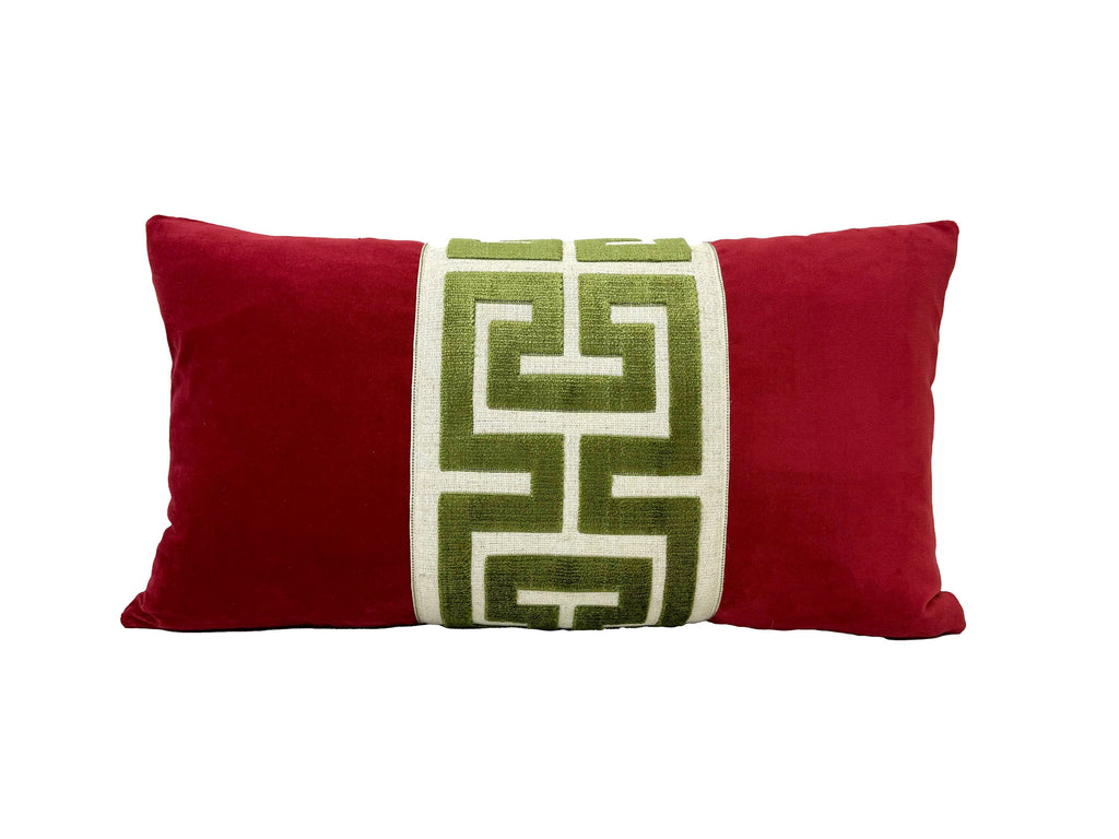 Red Velvet Lumbar Pillow Cover with Large Greek Key Trim - SELECT TRIM COLOR