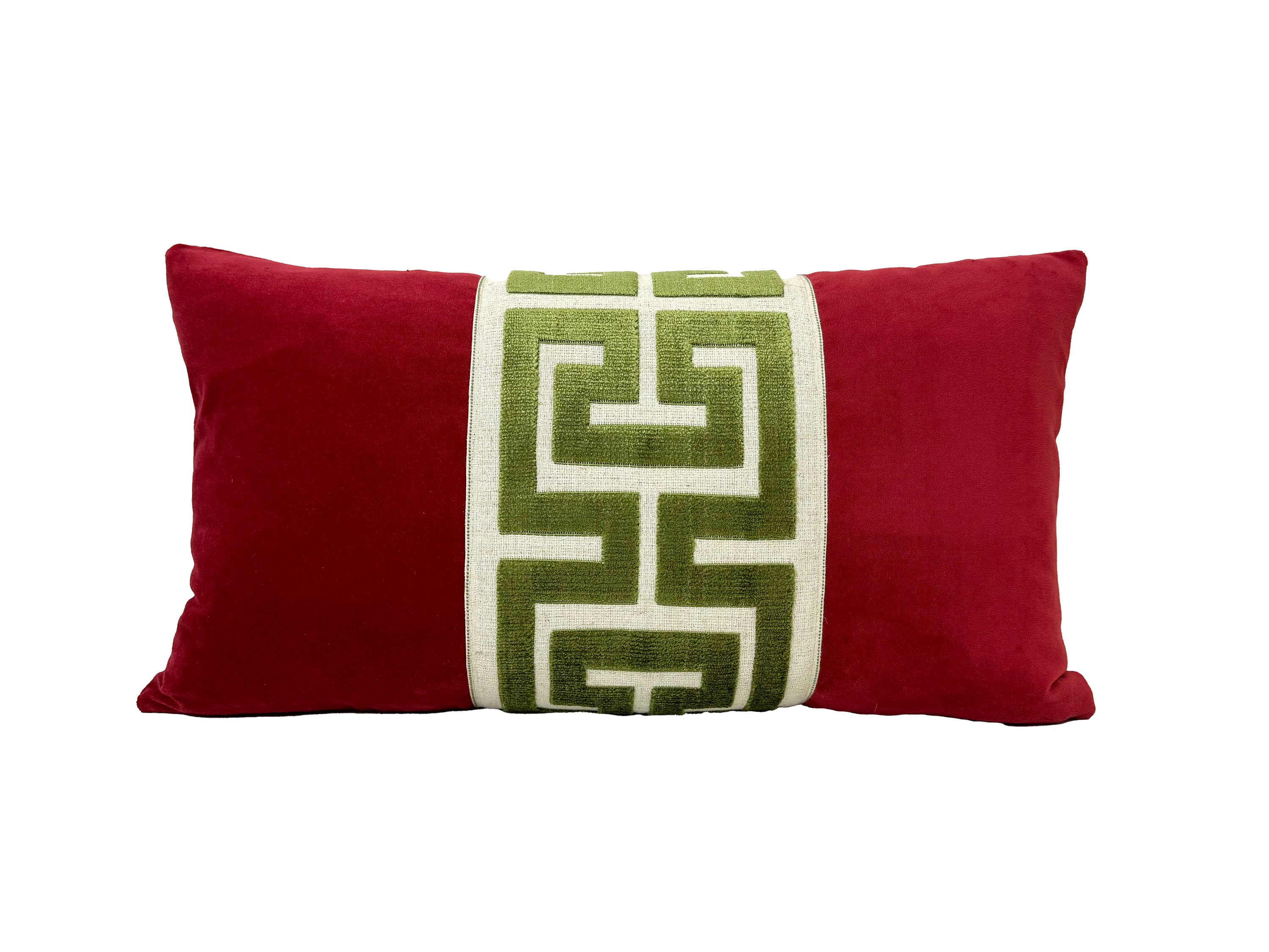 Red Velvet Lumbar Pillow Cover with Large Greek Key Trim - SELECT TRIM COLOR