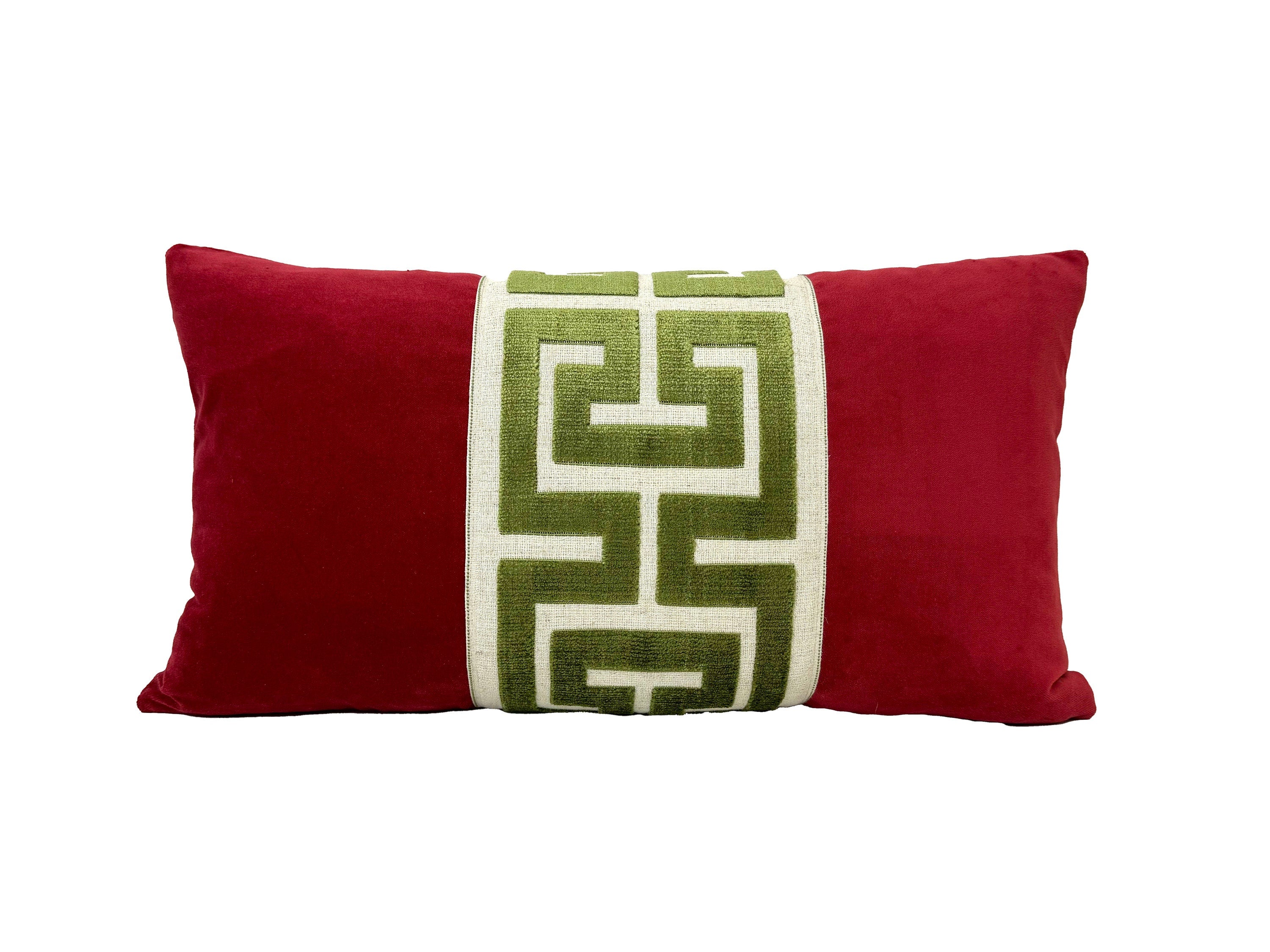 Red Velvet Lumbar Pillow Cover with Large Greek Key Trim - SELECT TRIM COLOR