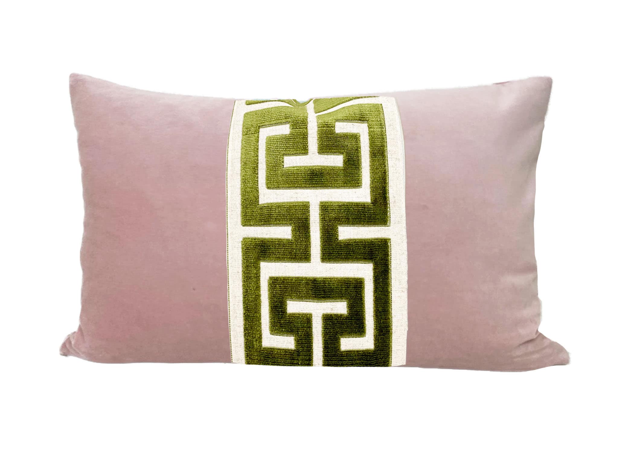 Light Pink Velvet Lumbar Pillow Cover with Large Greek Key Trim - SELECT TRIM COLOR