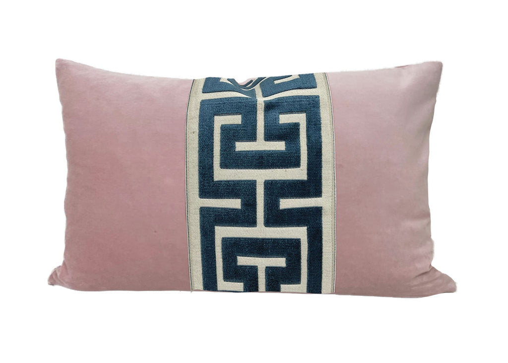 Light Pink Velvet Lumbar Pillow Cover with Large Greek Key Trim - SELECT TRIM COLOR