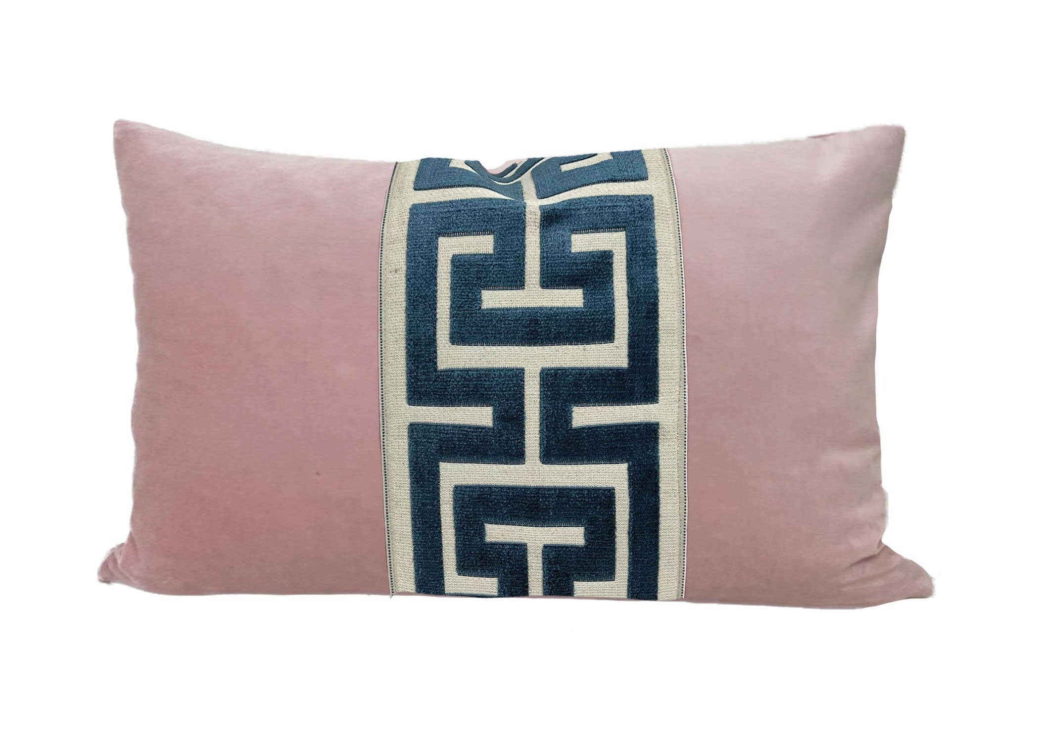 Light Pink Velvet Lumbar Pillow Cover with Large Greek Key Trim - SELECT TRIM COLOR