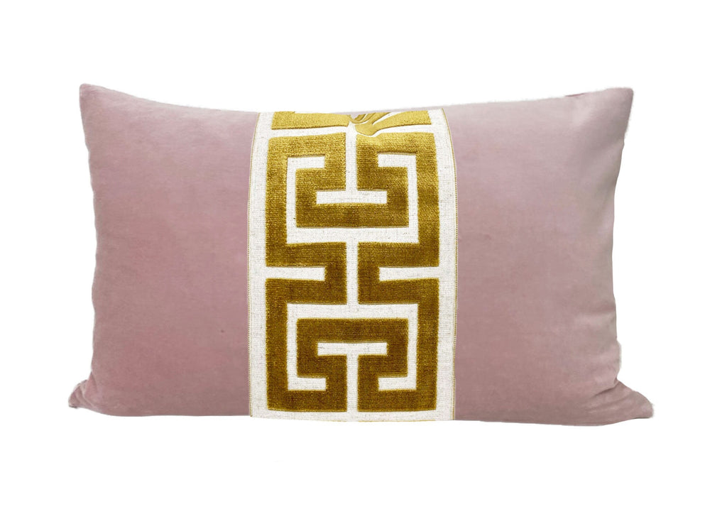 Light Pink Velvet Lumbar Pillow Cover with Large Greek Key Trim - SELECT TRIM COLOR