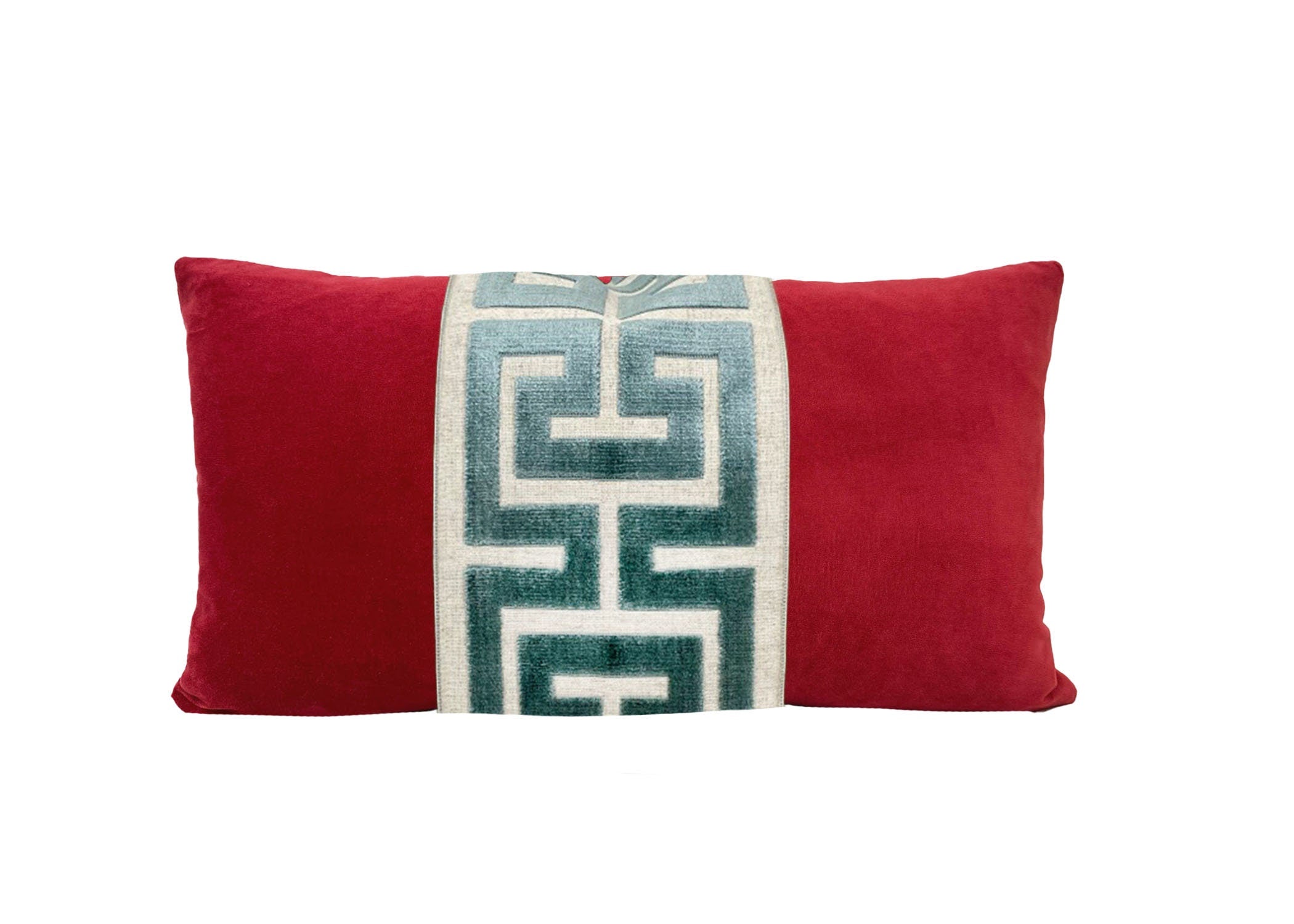 Red Velvet Lumbar Pillow Cover with Large Greek Key Trim - SELECT TRIM COLOR