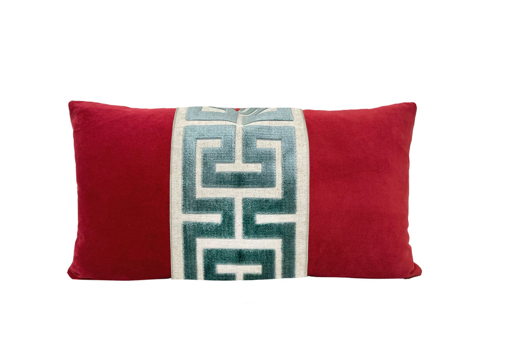 Red Velvet Lumbar Pillow Cover with Large Greek Key Trim - SELECT TRIM COLOR