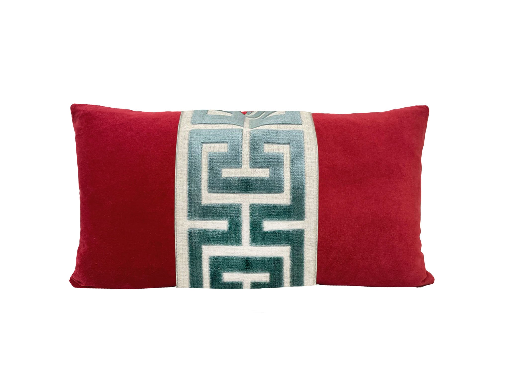 Red Velvet Lumbar Pillow Cover with Large Greek Key Trim - SELECT TRIM COLOR