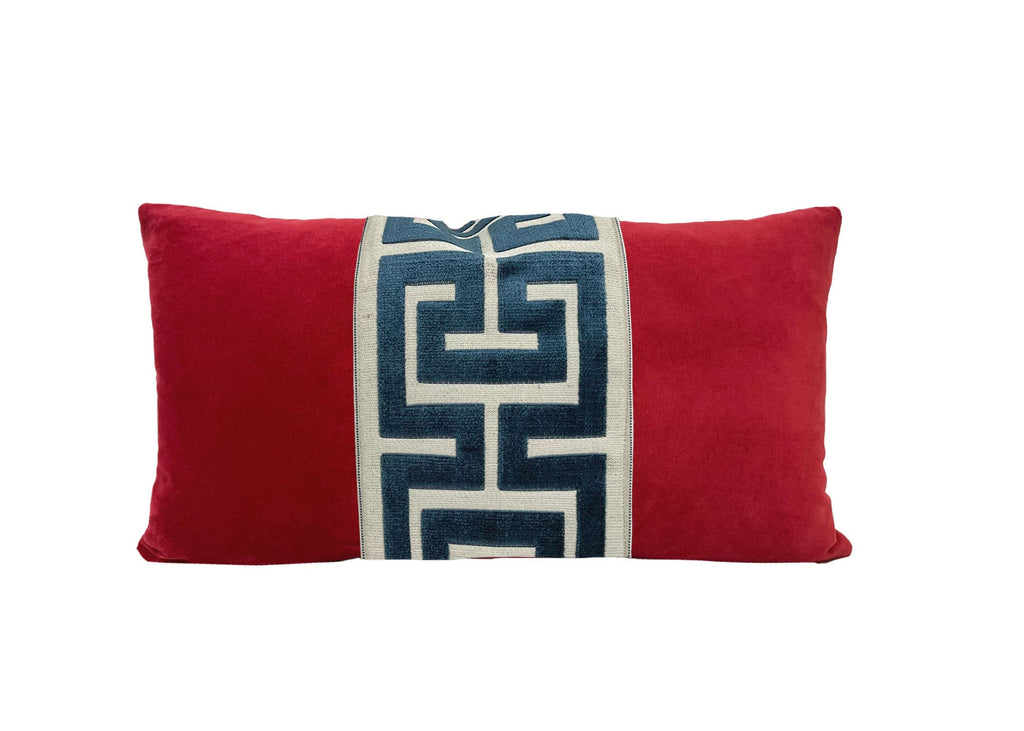Red Velvet Lumbar Pillow Cover with Large Greek Key Trim - SELECT TRIM COLOR