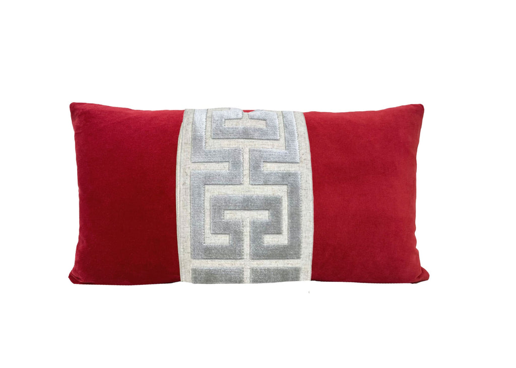Red Velvet Lumbar Pillow Cover with Large Greek Key Trim - SELECT TRIM COLOR