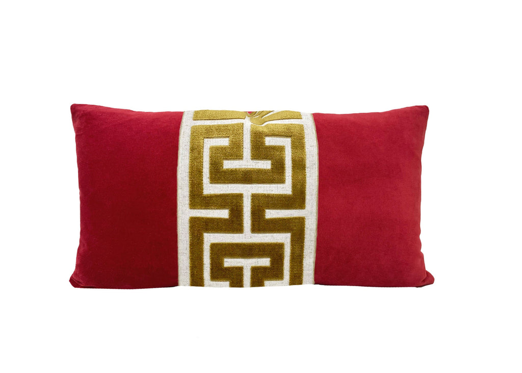 Red Velvet Lumbar Pillow Cover with Large Greek Key Trim - SELECT TRIM COLOR