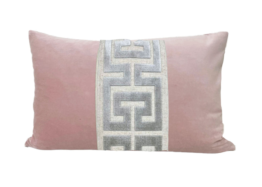 Light Pink Velvet Lumbar Pillow Cover with Large Greek Key Trim - SELECT TRIM COLOR