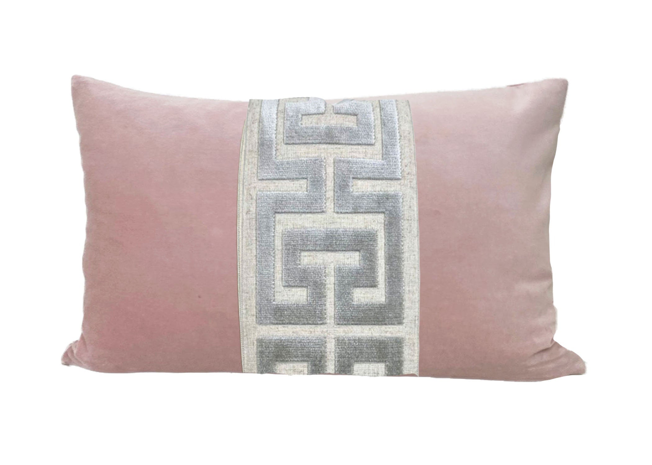 Light Pink Velvet Lumbar Pillow Cover with Large Greek Key Trim - SELECT TRIM COLOR