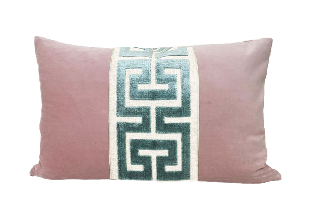 Light Pink Velvet Lumbar Pillow Cover with Large Greek Key Trim - SELECT TRIM COLOR