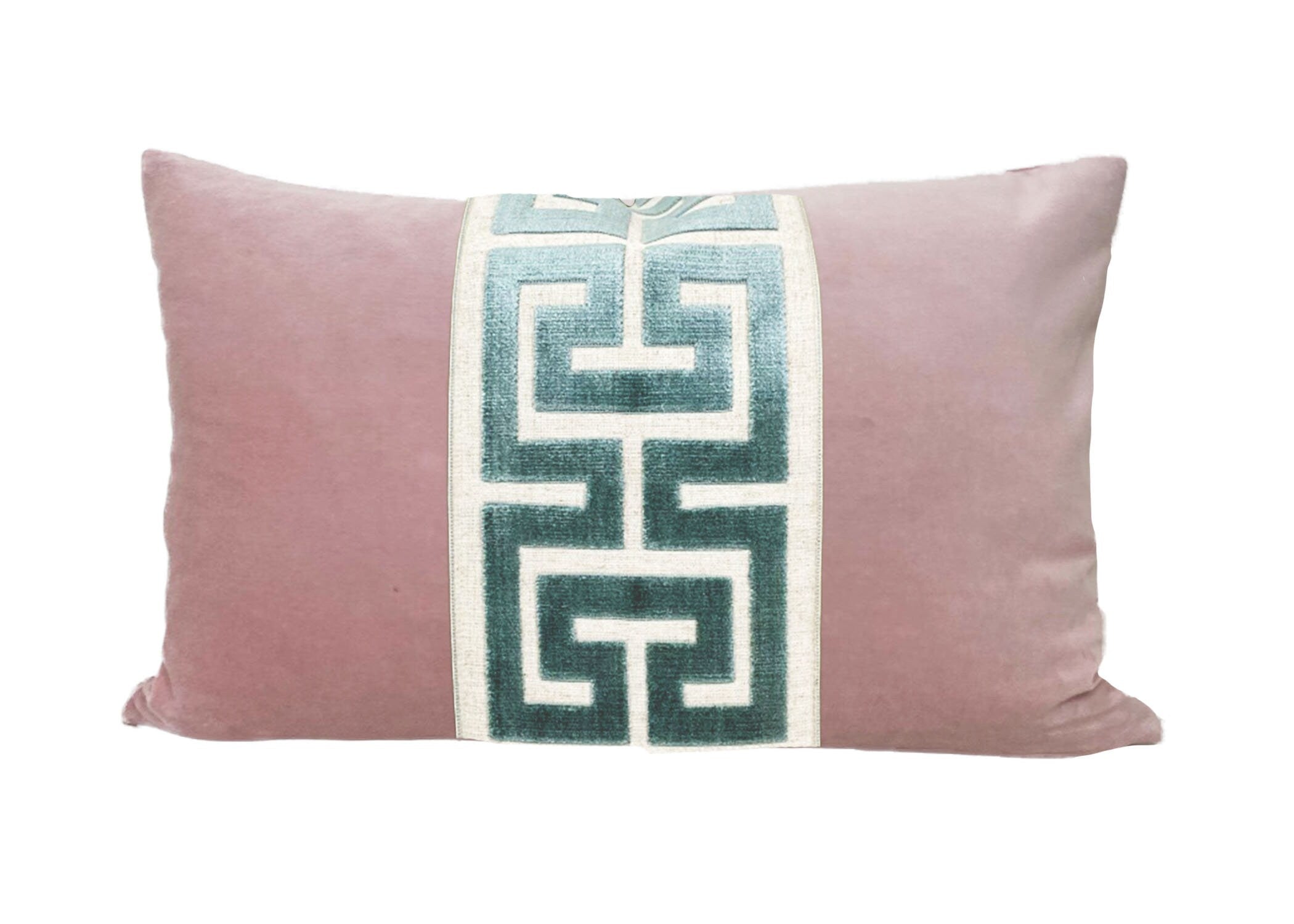 Light Pink Velvet Lumbar Pillow Cover with Large Greek Key Trim - SELECT TRIM COLOR