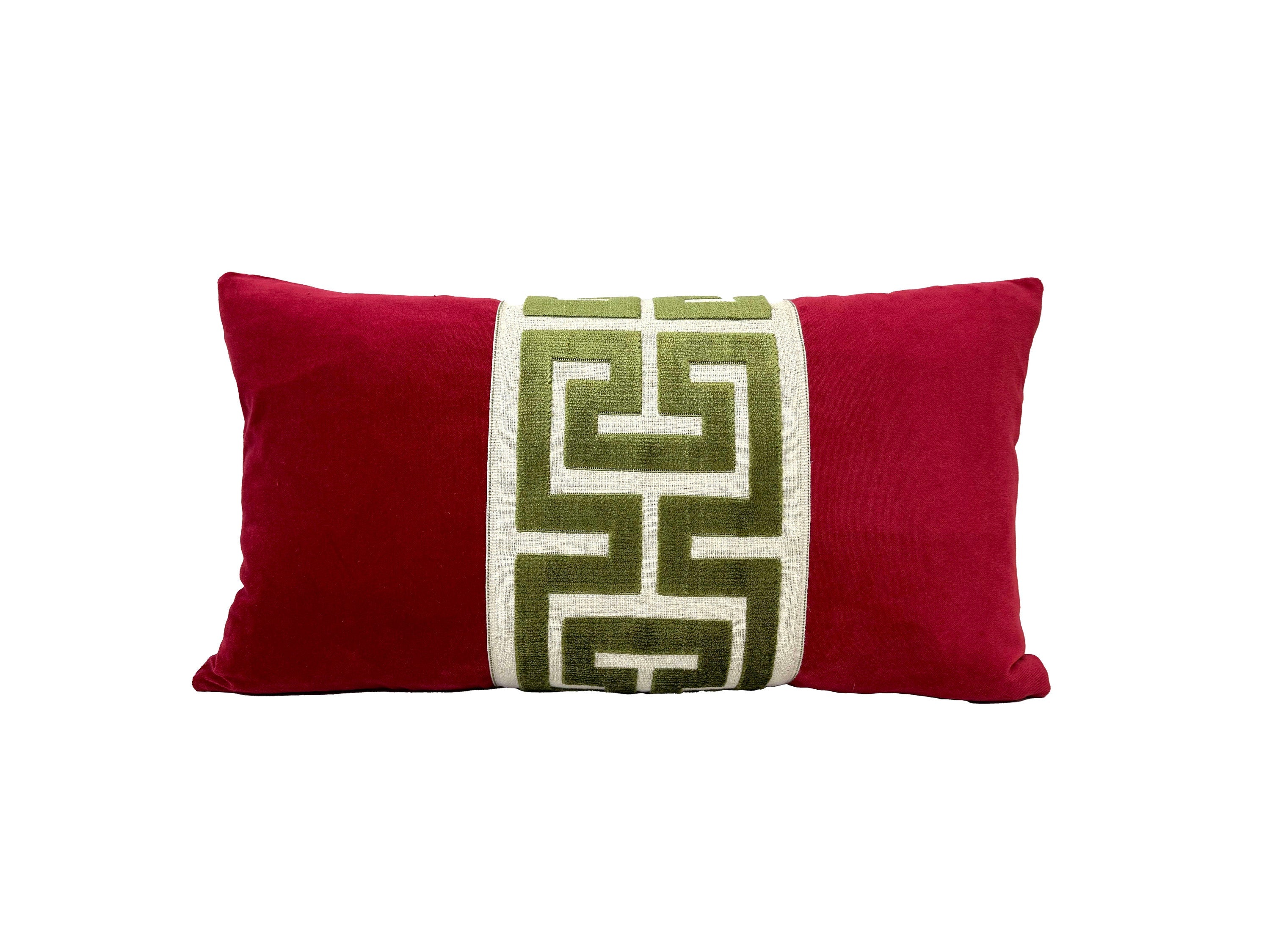 Red Velvet Lumbar Pillow Cover with Large Greek Key Trim - SELECT TRIM COLOR