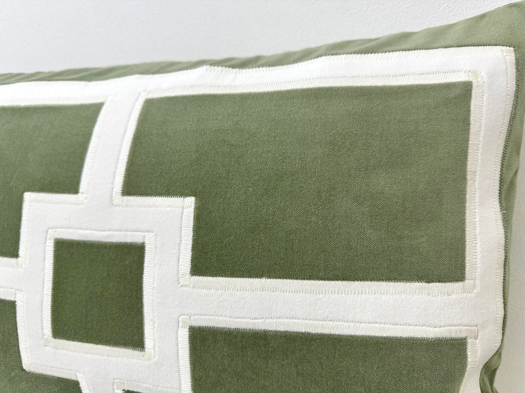 Sage Green Velvet Pillow Cover: Geometric Appliqué Lumbar Pillow