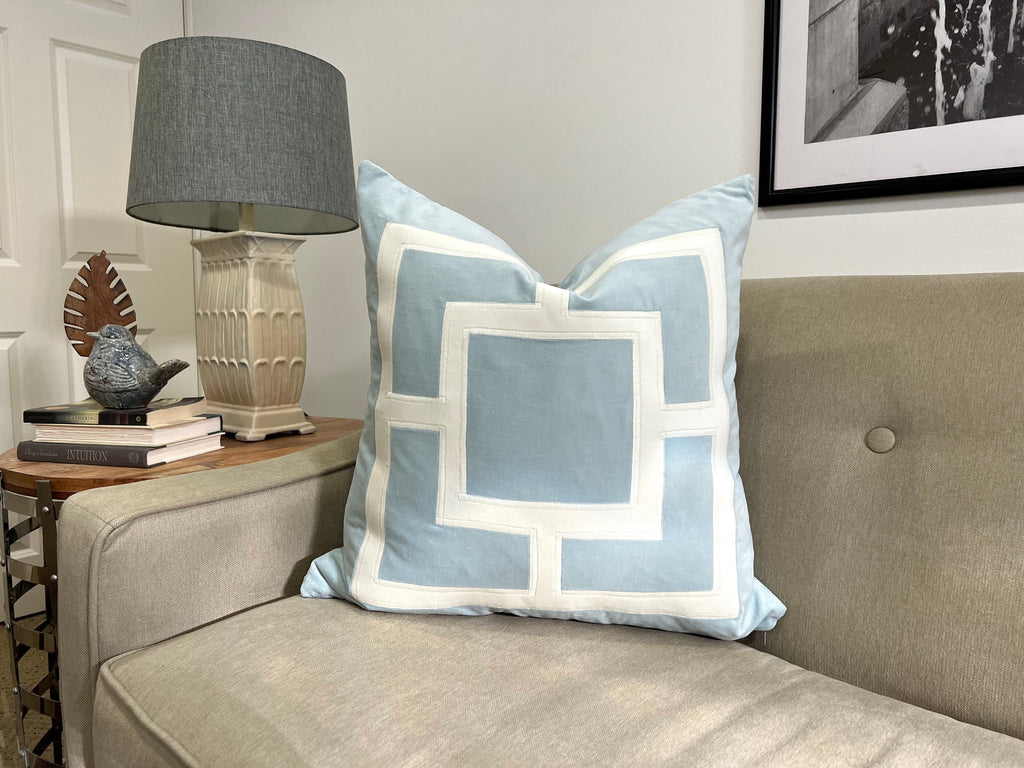 Aqua Mist Pillow Cover with Off White Appliqué