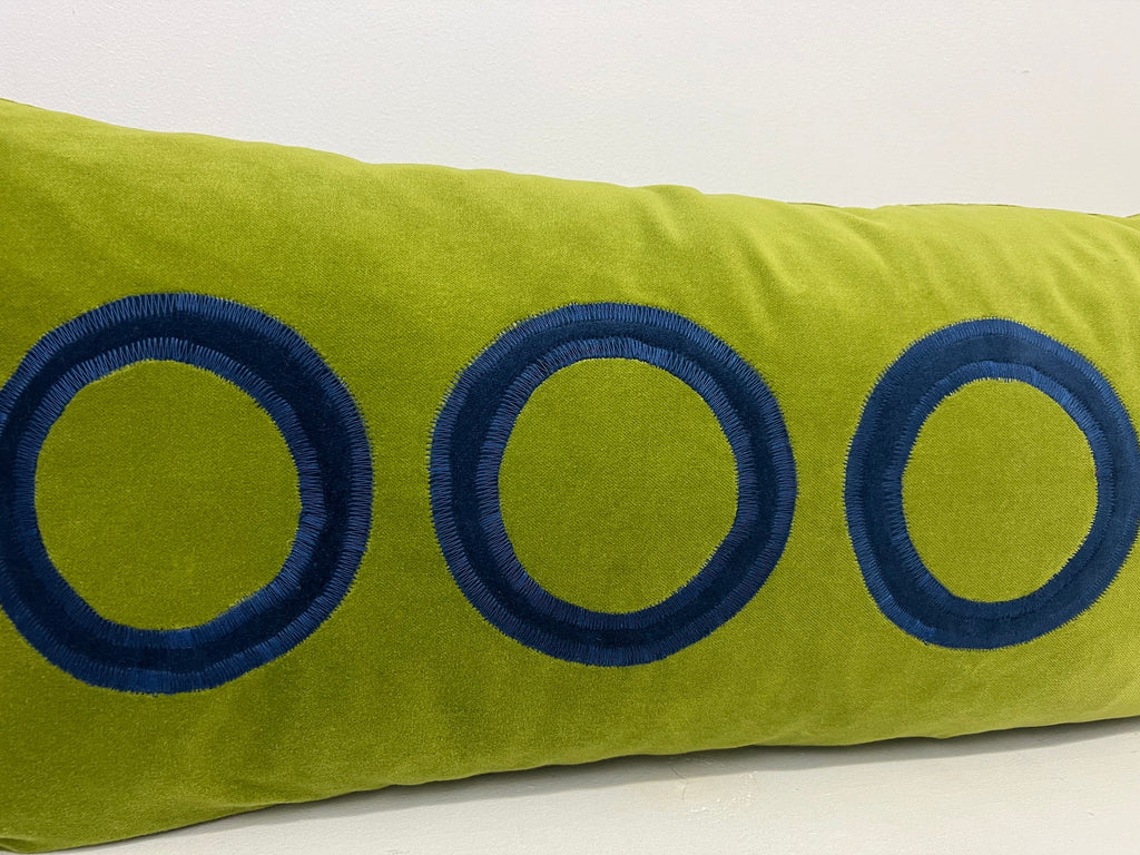Extra Long Lumbar - Lime Green Velvet Pillow Cover with Blue Circles Appliqué