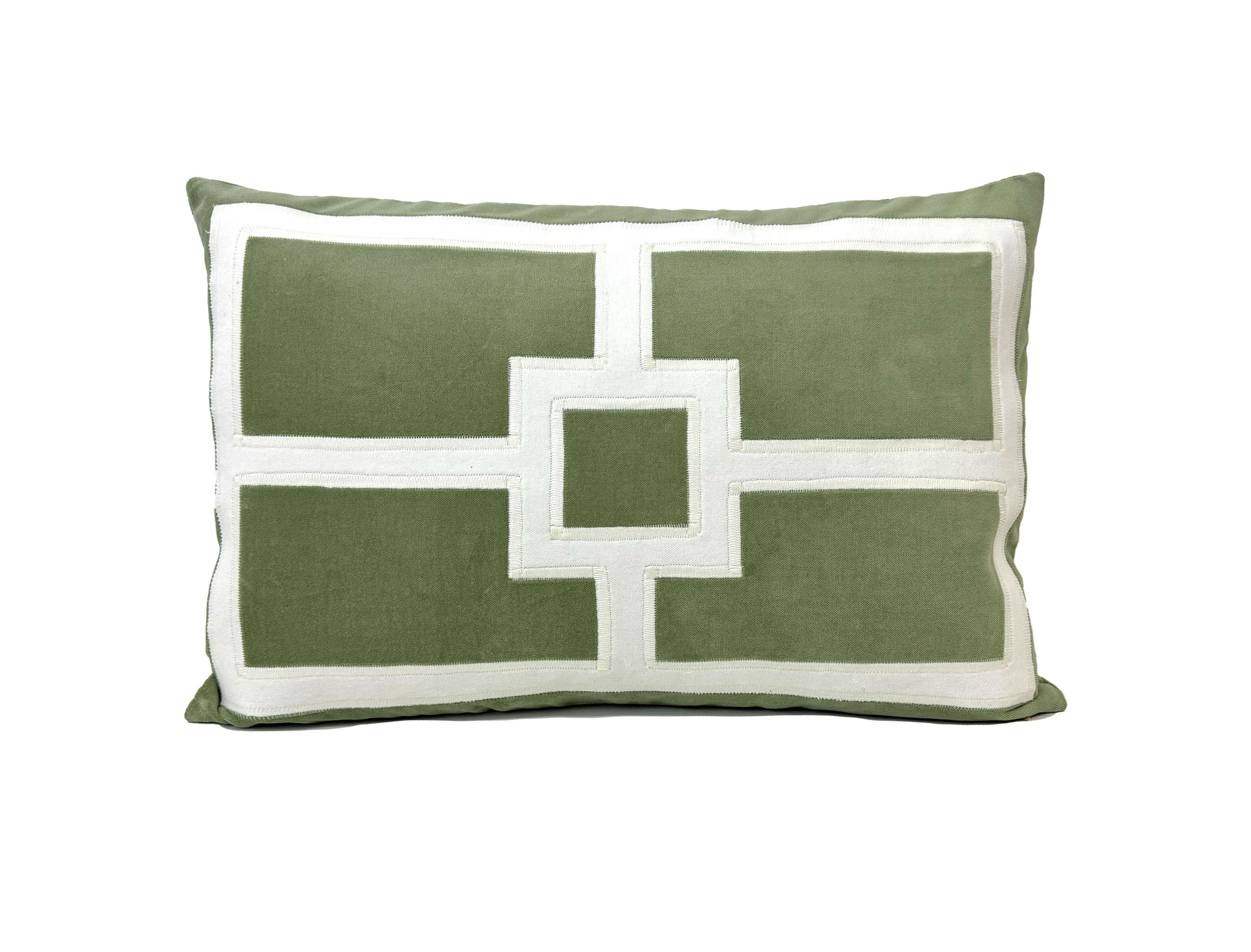 Sage Green Velvet Pillow Cover: Geometric Appliqué Lumbar Pillow