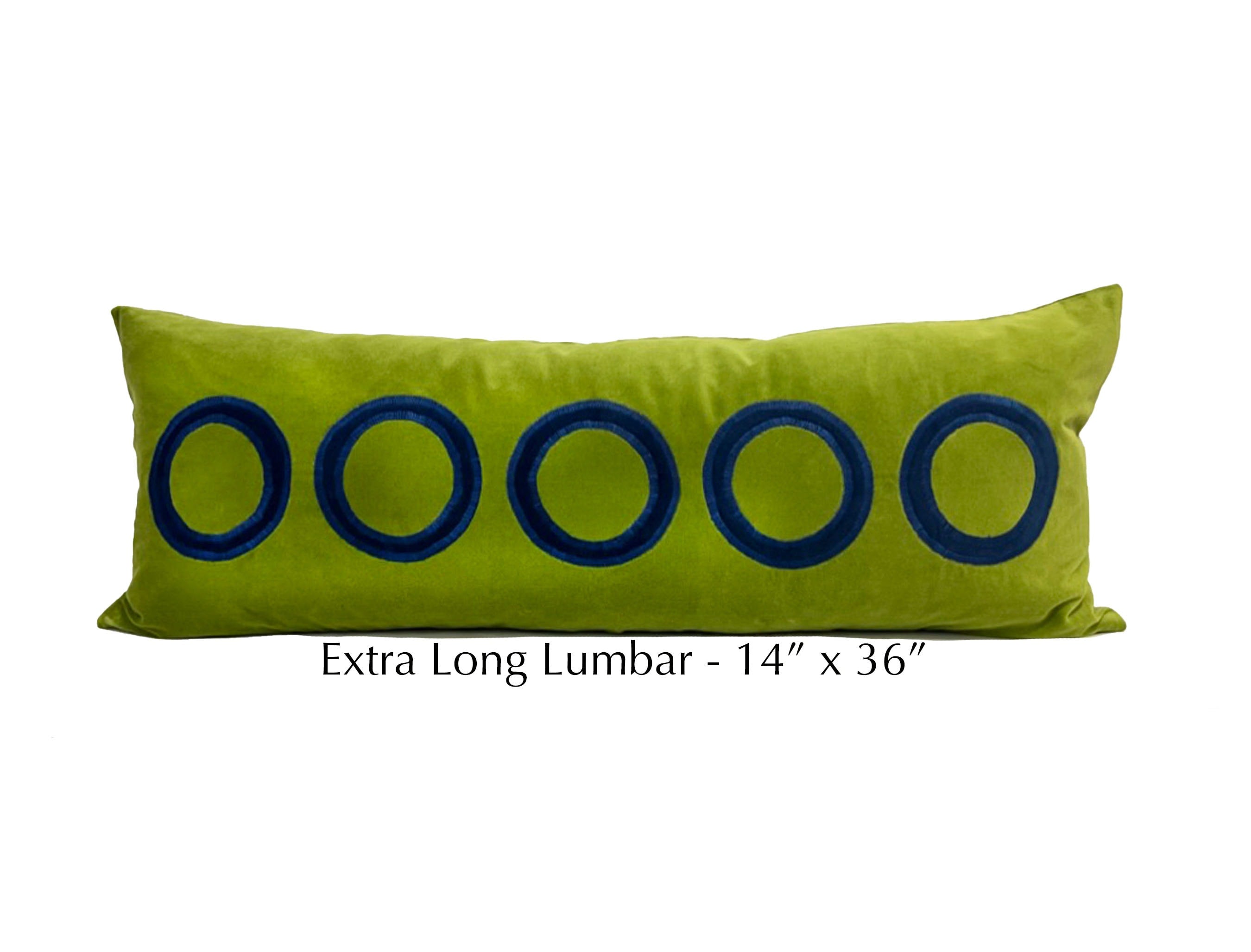 Extra Long Lumbar - Lime Green Velvet Pillow Cover with Blue Circles Appliqué