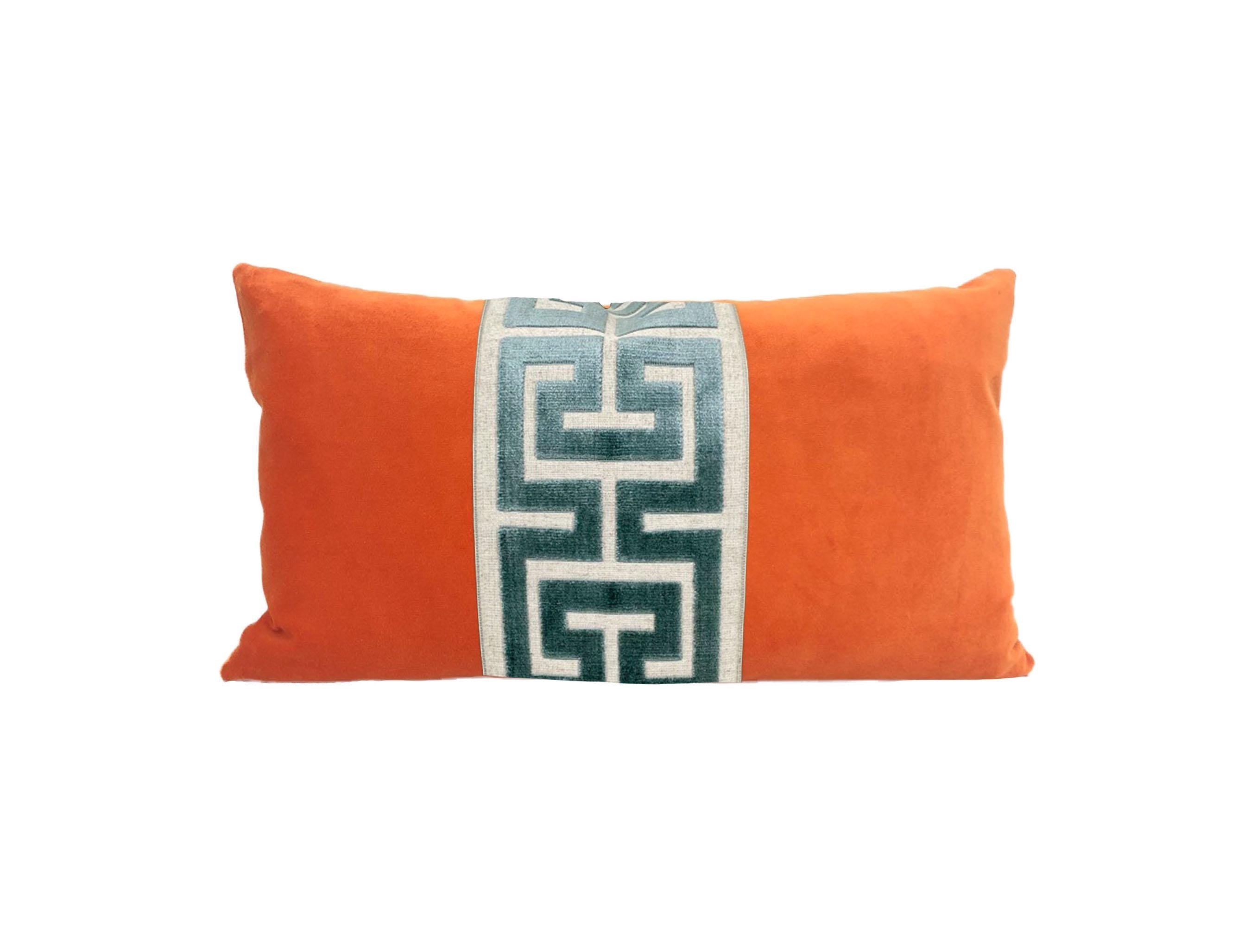 Orange Velvet Lumbar Pillow Cover with Large Greek Key Trim - SELECT TRIM COLOR