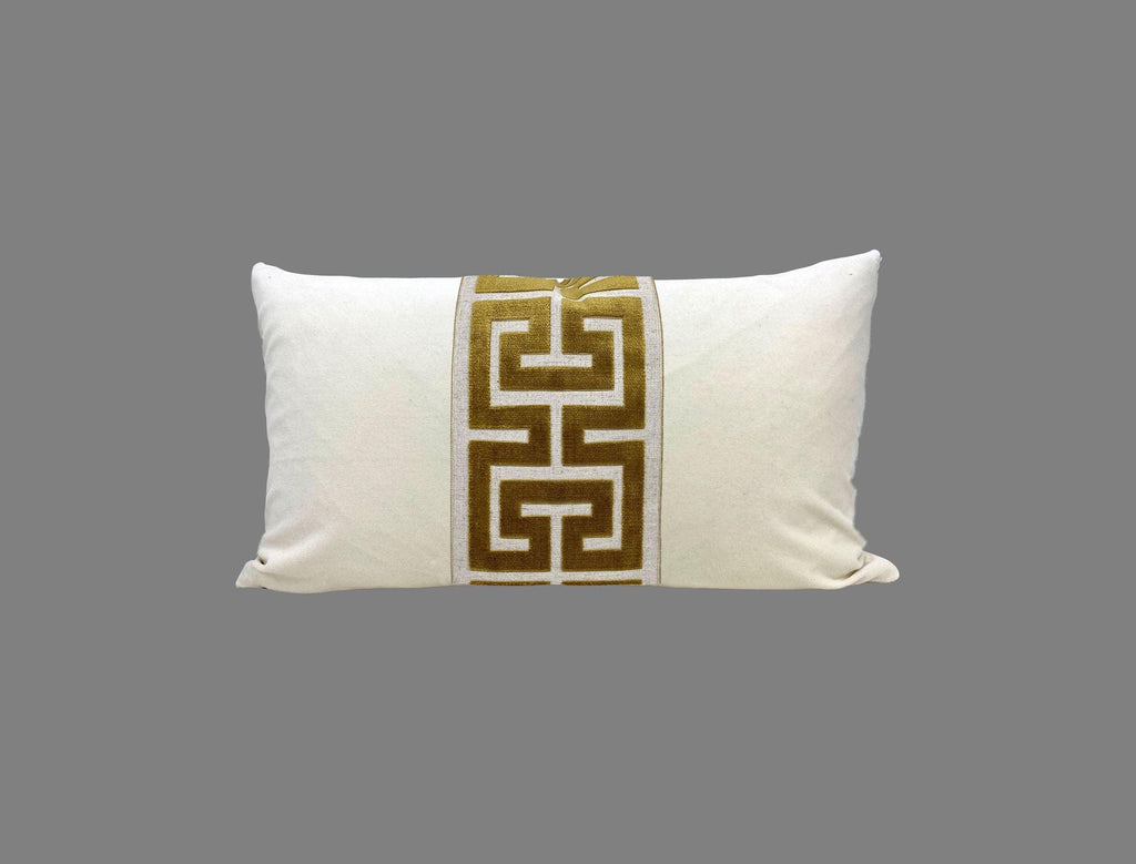 Off White Velvet Lumbar Pillow Cover with Large GOLD Greek Key Trim