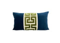 Navy Blue Velvet Lumbar Pillow Cover with Large GREEN Greek Key Trim