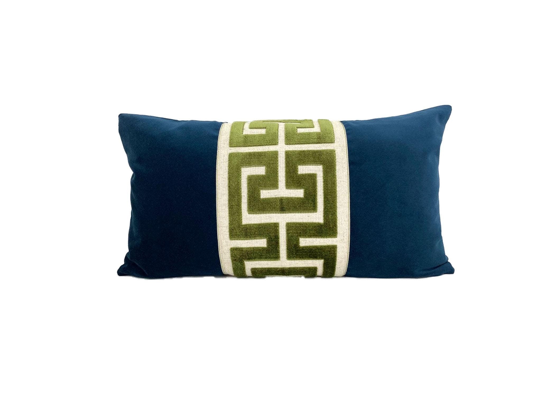 Navy Blue Velvet Lumbar Pillow Cover with Large GREEN Greek Key Trim