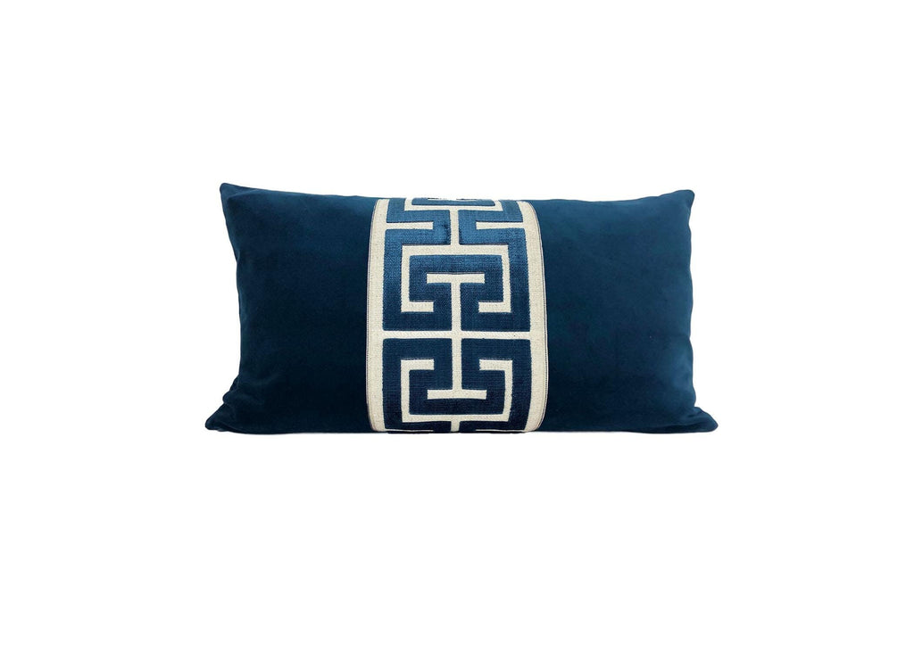 Navy Blue Velvet Lumbar Pillow Cover with Large NAVY Greek Key Trim