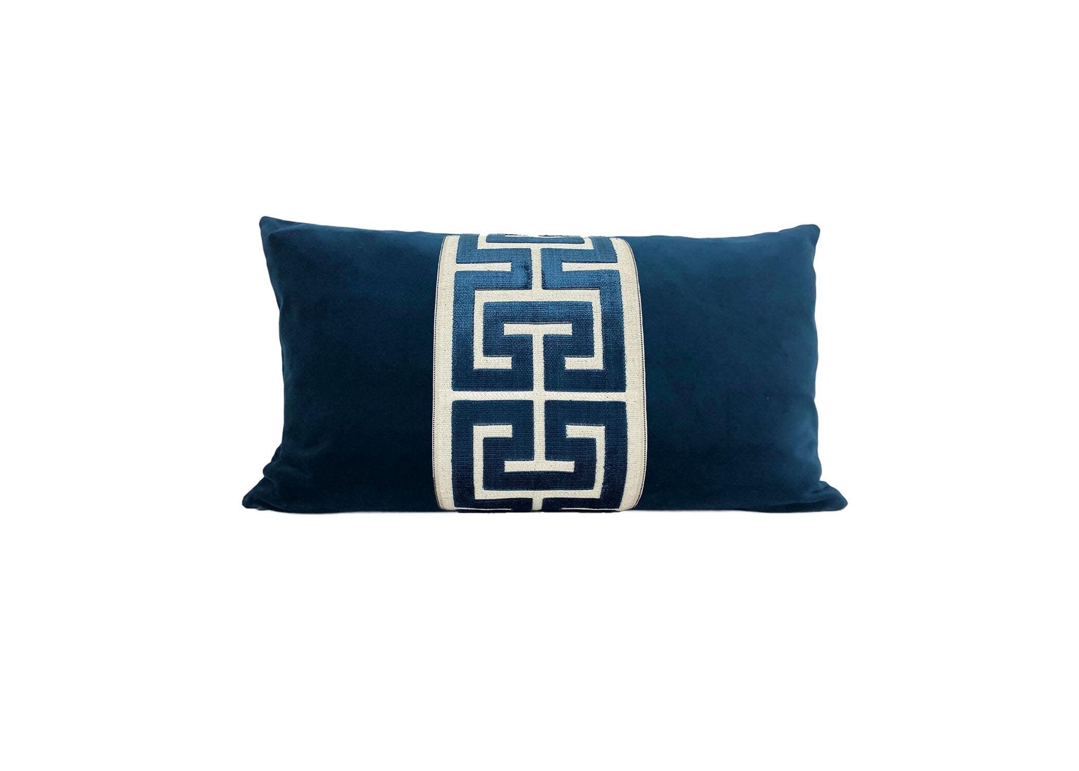 Navy Blue Velvet Lumbar Pillow Cover with Large NAVY Greek Key Trim