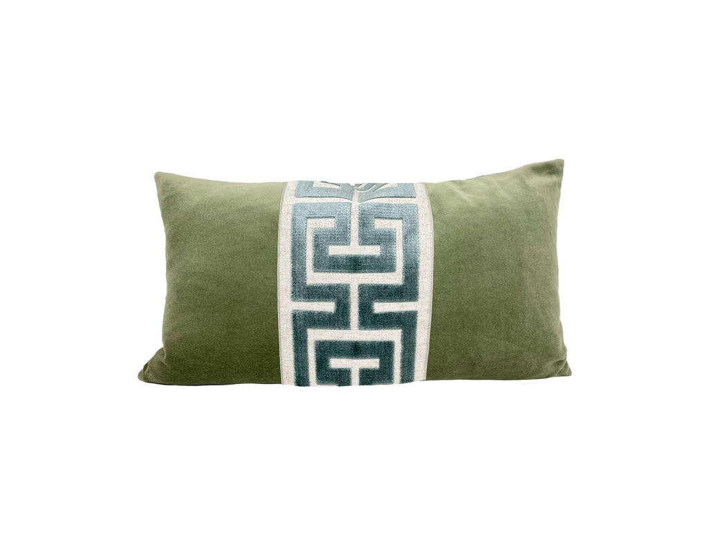 Sage Green Velvet Lumbar Pillow Cover with Large MIST Greek Key Trim