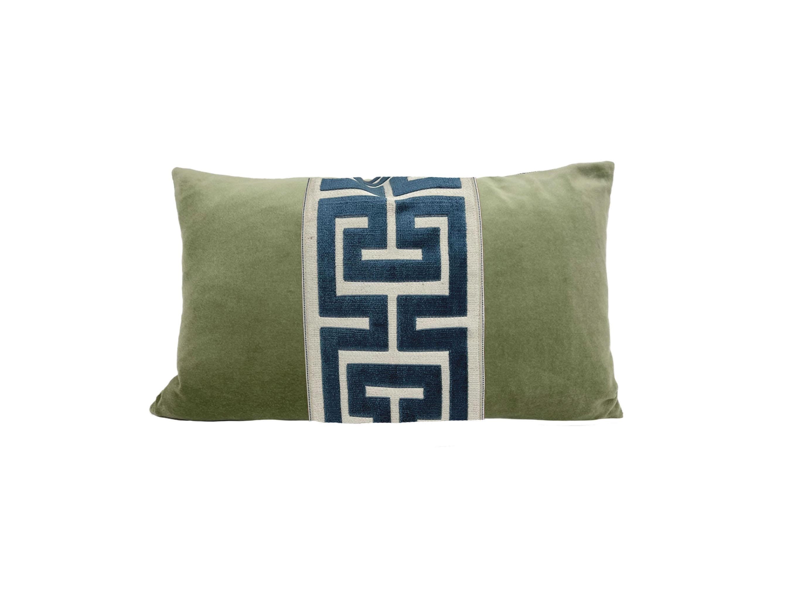 Sage Green Velvet Lumbar Pillow Cover with Large NAVY Greek Key Trim