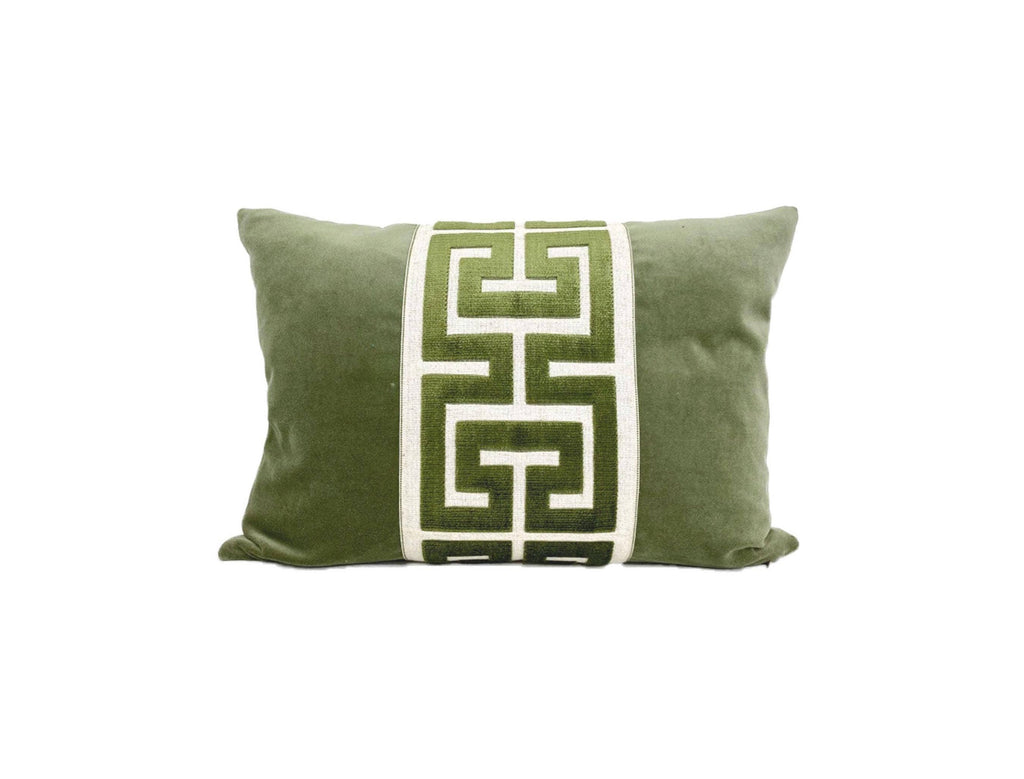 Sage Green Velvet Lumbar Pillow Cover with Large GREEN Greek Key Trim