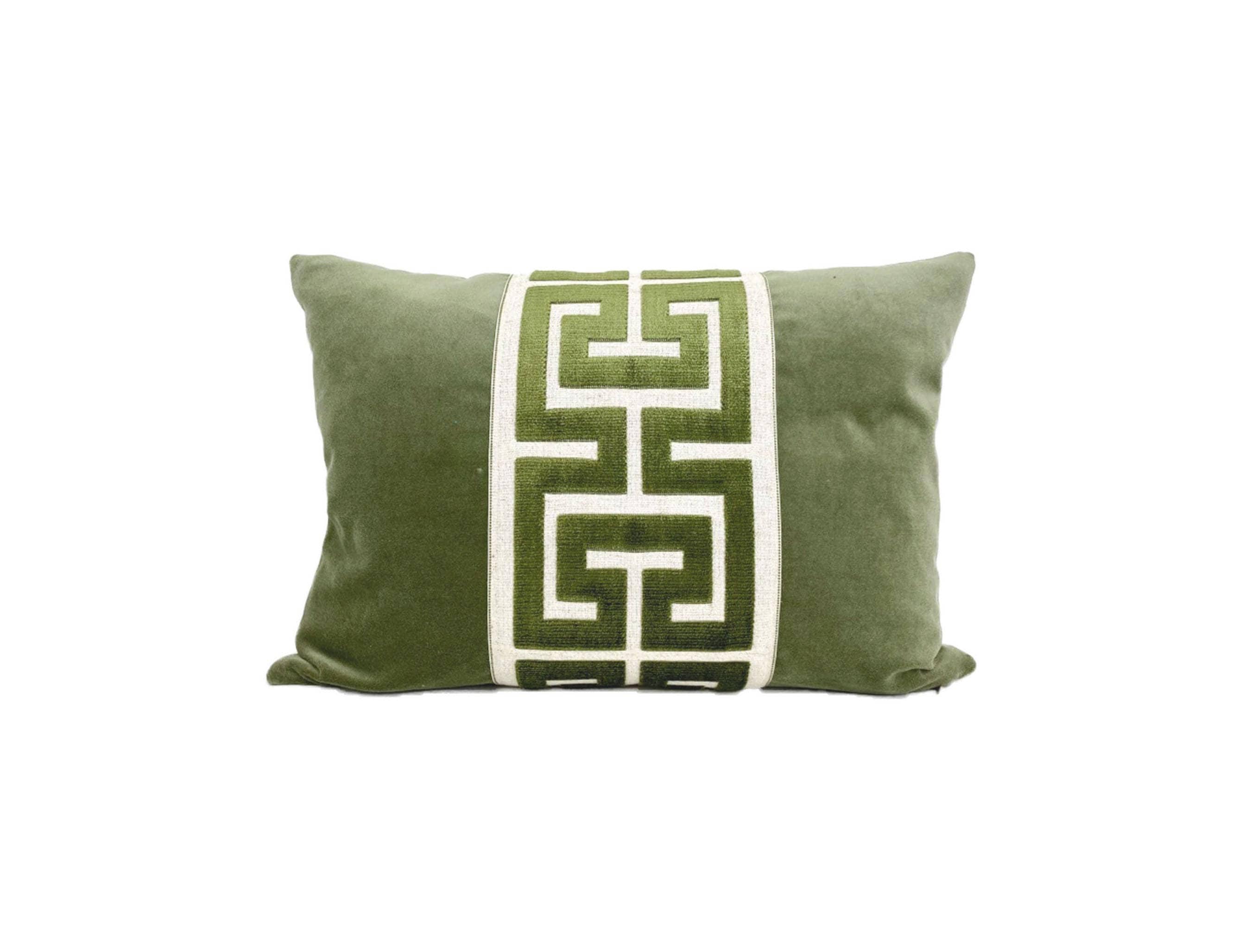 Sage Green Velvet Lumbar Pillow Cover with Large GREEN Greek Key Trim