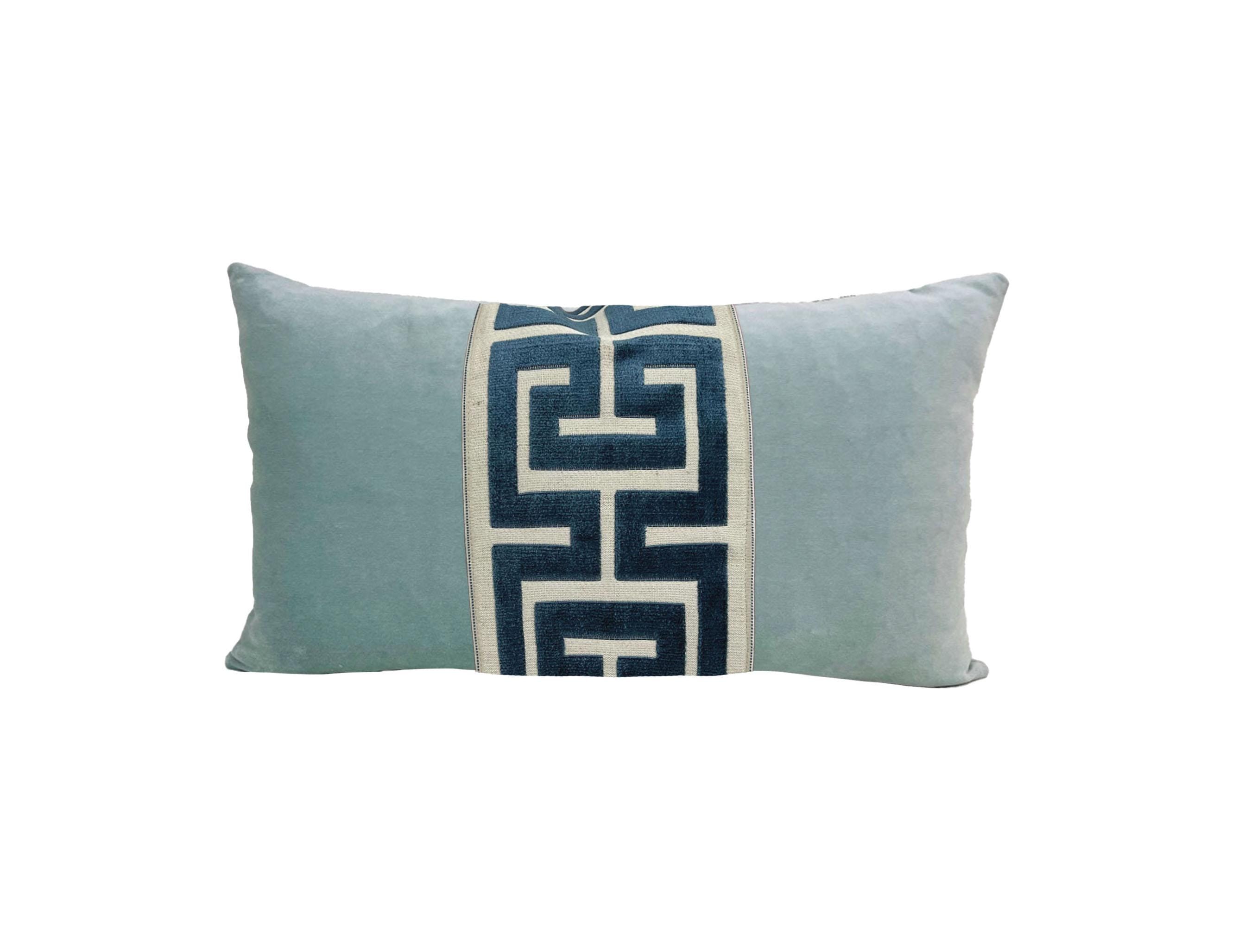 Aqua Mist Velvet Lumbar Pillow Cover with Large Navy Greek Key Trim