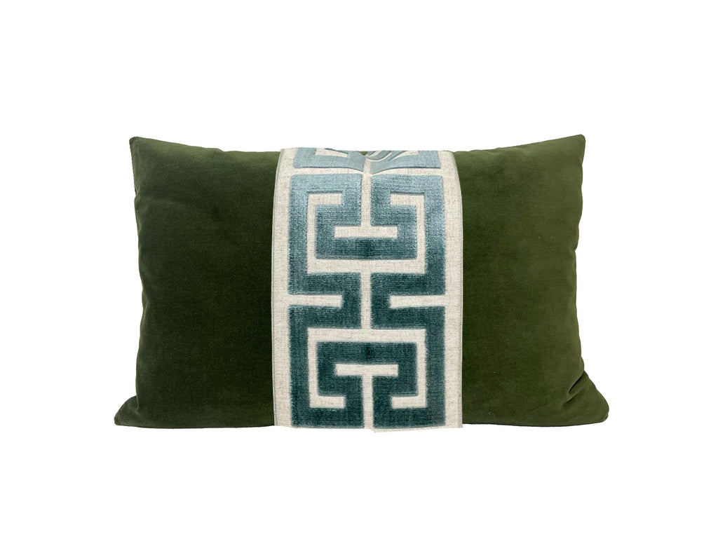 Moss Green Lumbar Pillow Cover with Large Greek Key Trim - SELECT TRIM COLOR