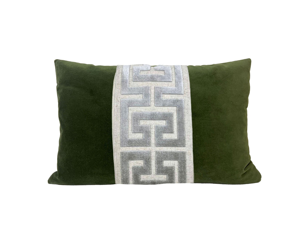 Moss Green Lumbar Pillow Cover with Large Greek Key Trim - SELECT TRIM COLOR