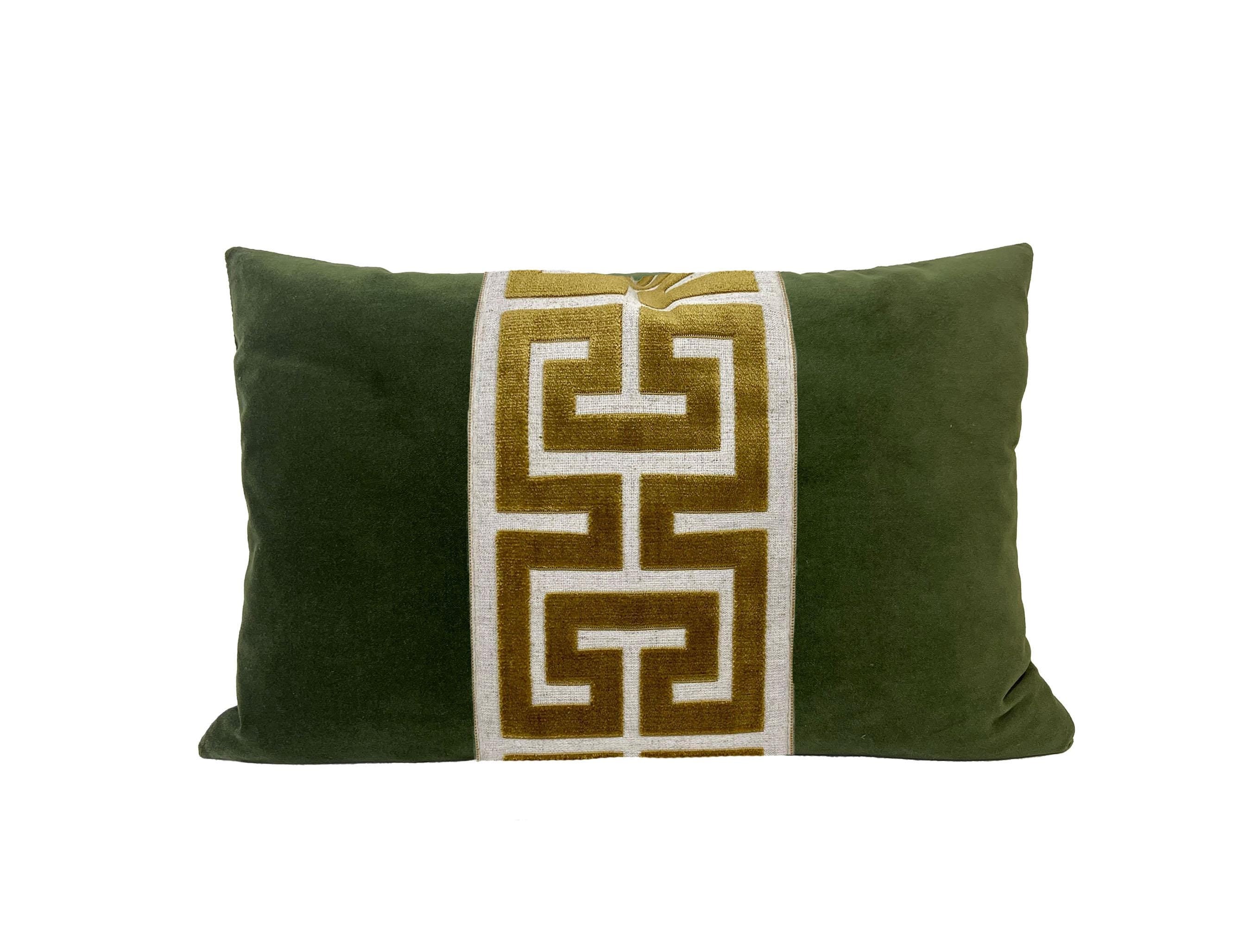 Moss Green Lumbar Pillow Cover with Large Greek Key Trim - SELECT TRIM COLOR