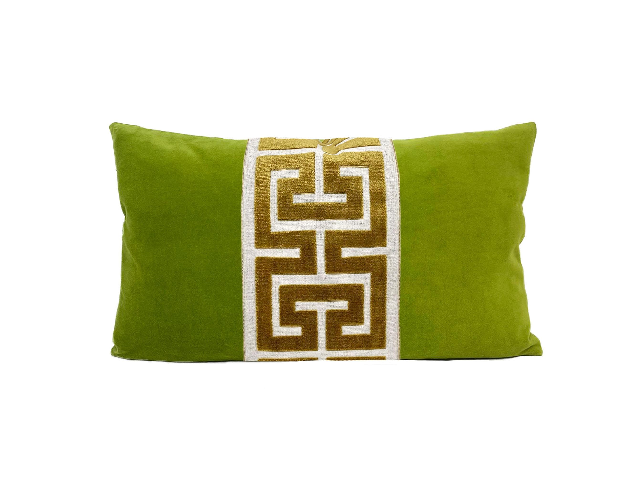 Lime Green Velvet Pillow Cover with Large Greek Key Trim - SELECT TRIM COLOR