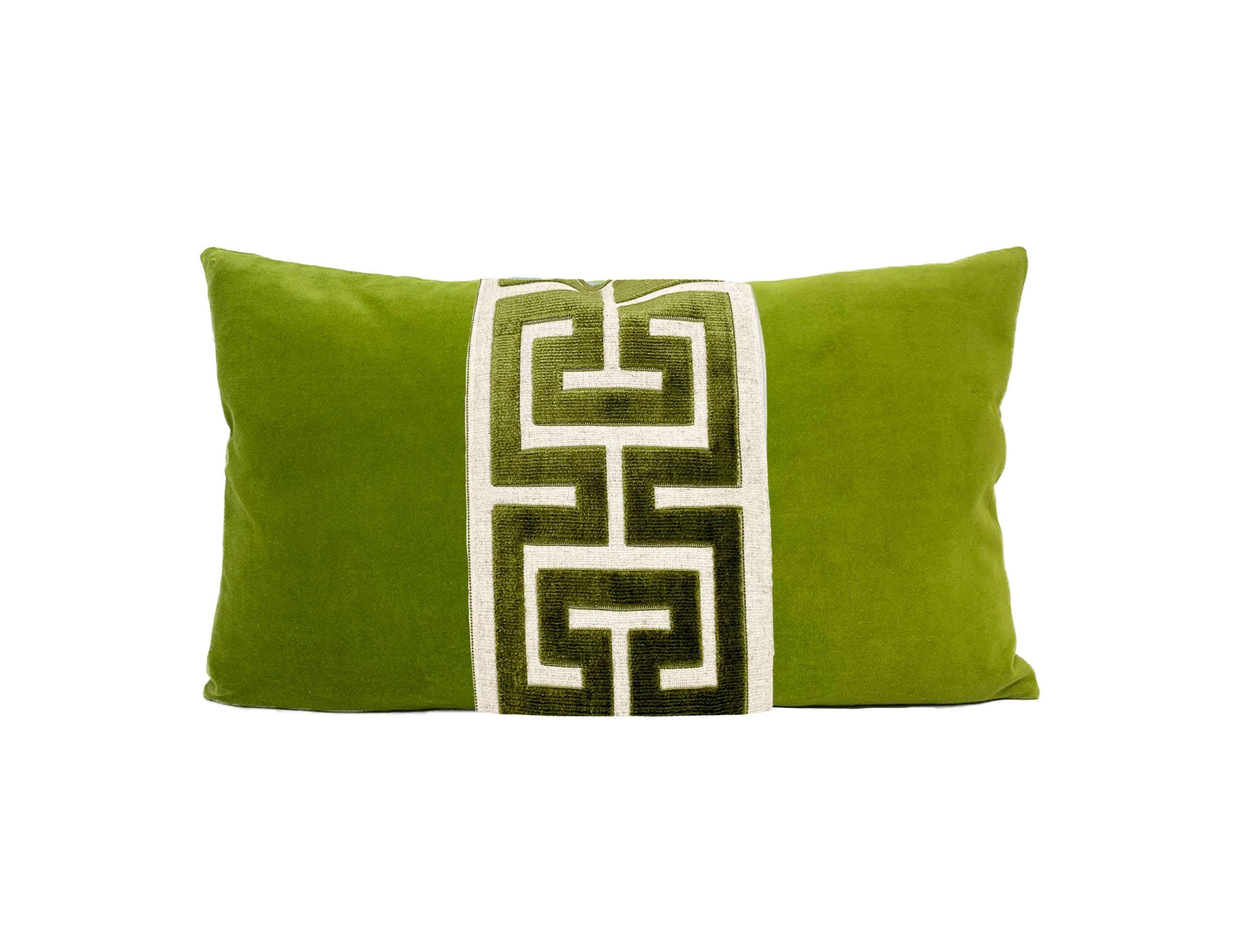 Lime Green Velvet Pillow Cover with Large Greek Key Trim - SELECT TRIM COLOR